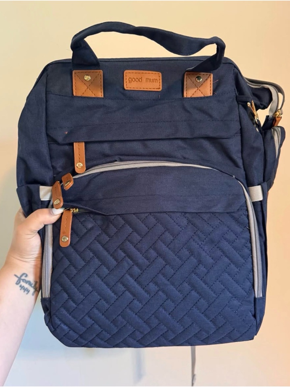 Good Mum Navy Quilted Backpack with Leather-Accent Details
